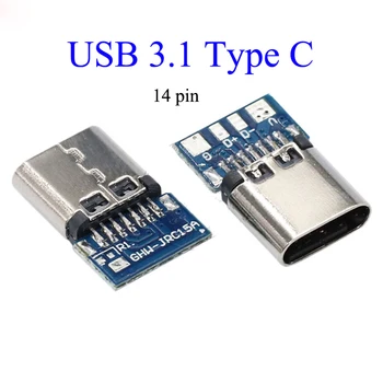 YuXi USB 3.1 Тип C конектор 14 пинов женски гнездо за гнездо през отвори PCB 180 Вертикален щит USB-C