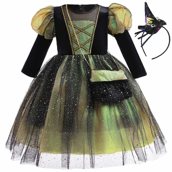 2023 Детски косплей костюм за фантазия карнавал тиква вещица вампир бебе момиче дрехи рожден ден Хелоуин рокля с чанта