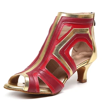 Жена Червени и златни танцови обувки момичета високи токчета кожа велур каучук летни сандали салса джаз латино танци Sheos6-11cm