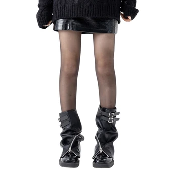 Дамски черни PU кожени изкривени презрамки Ръкави за крака Harajuku Y2K Punk Нередовен обрат с цип подгряващи крака Разкроени чорапи