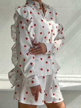 Linad Ruffle пижама за жени 2 броя комплекти печат дълъг ръкав спално облекло женски памучни костюми с къси панталони есен ежедневни домашно облекло