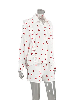 Linad Ruffle пижама за жени 2 броя комплекти печат дълъг ръкав спално облекло женски памучни костюми с къси панталони есен ежедневни домашно облекло