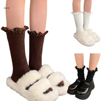 X7YA Жени Зимни топли космати телешки чорапи Ruffle Trim Плътен цвят Средна тръба чорапи