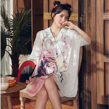 китайски стил нощница жени лято спално облекло лед коприна сатен хлабав риза пола халат интимно бельо къс ръкав домашно облекло
