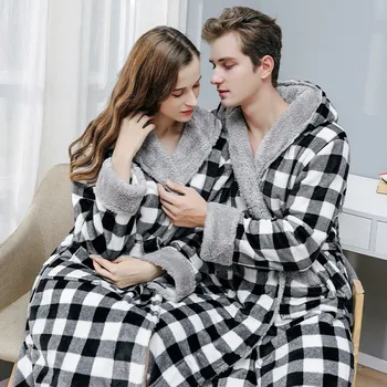 Отпечатани карирани качулати фланелени халат есен зима двойка нощница контраст дамски секси халат за баня мъжки удебелени топли спално облекло