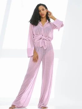 Marthaqiqi Секси дамски нощници костюм дълъг ръкав нощно облекло завой-надолу яка спално облекло панталони мода женски пижами 2 парче комплект