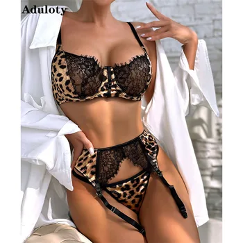 Aduloty New Hot Selling Sexy Erotic Lingerie Lace Hollow Leopard Print Temptation Bra Gather Stitching Women's Underwear Set