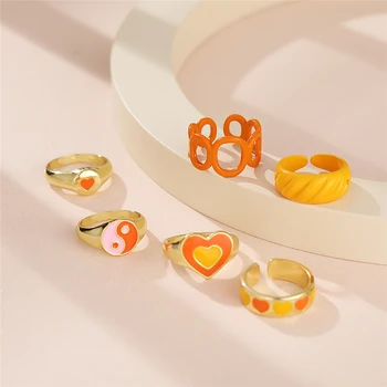 17KM Корейски оранжев цвят сърце пръстени комплект за жени любовник цветна смола акрилна верига двойки пръстени пътуване подаръци бижута