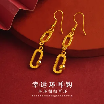 Solid 18K златни обеци за жени Lucky Ring Earhook мода ключалката ухо обица луксозни сватбени бижута за годежни подаръци