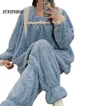 Есен Зима Kawaii карикатура пижама комплекти жени пижами раирани фланела Loung спално облекло момиче пижама Mujer нощ костюми домашно облекло PJ