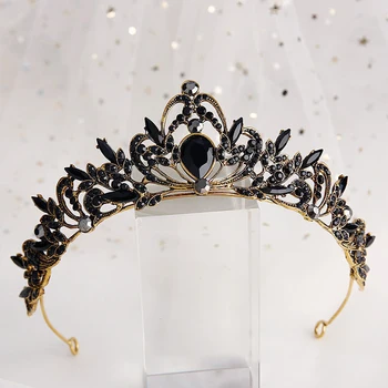 Булчински кристални диадеми корони кралица барок ретро лента за коса черна принцеса луксозна кристална диадема воал сватбени аксесоари за коса
