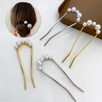 Нова реколта U форма перли пръчки за коса метални дълга коса кок фиксирани щипки за коса сватба жени сладки аксесоари за коса фиби