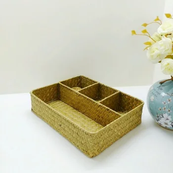 Seagrass тъкани кутия за съхранение Организатори на слама Кошница правоъгълник Gadgets играчки Sundries кошница контейнер за дома баня кухня