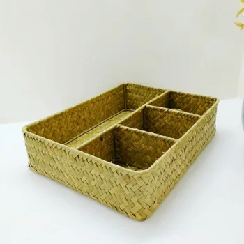 Seagrass тъкани кутия за съхранение Организатори на слама Кошница правоъгълник Gadgets играчки Sundries кошница контейнер за дома баня кухня