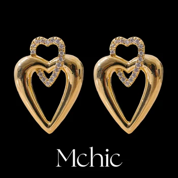 Mchic Високо качество Bling кубичен цирконий сърце кухи обеци злато цвят романтична бижута аксесоари предотвратяване на алергия
