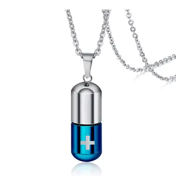 PSJ Високо полиран сребърен син покритие хапче парфюм бутилка дизайн висулка неръждаема стомана огърлица за мъже жени бижута