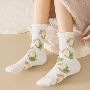 Есен Зима Коралово кадифе Дръжте топли чорапи Сладко лале цвете печат Начало сън чорап творчески флорални дебел под чорап Sweet Soxs