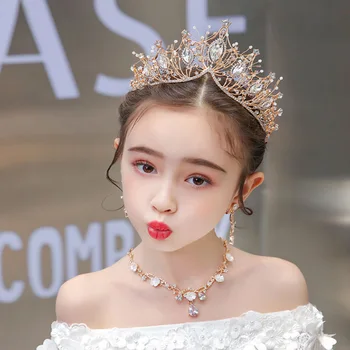 Детска корона огърлица ухо клип три части модния подиум шоу рокля аксесоари рожден ден подарък малка принцеса шапки