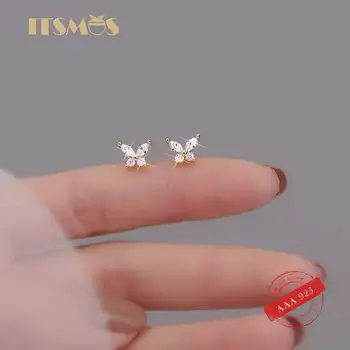 ITSMOS S925 стерлинги сребро циркон паве малка пеперуда 14k позлатени пиърсинг родословни обеци за жени диамантени обеци