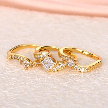 CAOSHI шик злато цвят 3бр комплект пръстени женски сватбени аксесоари с ослепителен цирконий красива парти бижута за годишнина