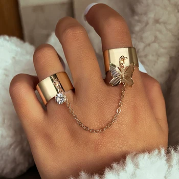 Пънк двойни пръсти верига пръстени за жени пръстен комплект пеперуда кристал пискюл верига пръстени бижута дами мода хип-хоп бижута