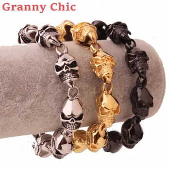 Granny Chic New Men's Punk Skull Bracelet 316L Stainless Steel Link Wrist Skulls Gothic Bracelets pulsera calavera Бижута Подарък