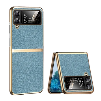 Луксозен Litchi модел естествена кожа сгъваем калъф за Samsung Galaxy Z Flip 4 ултра-тънък лек защитен капак
