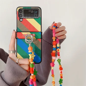 Colorful Rainbow Wood Cartoon Lanyard Колие PU кожена гривна верига случай за Samsung Galaxy Z Flip 4 Z Flip 3 5G заден капак