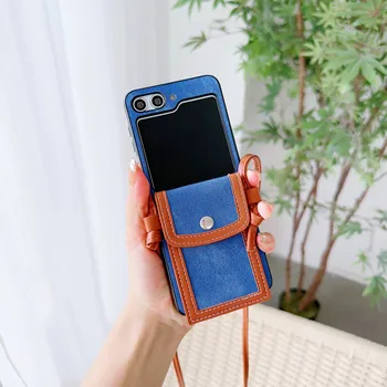 Луксозен деним кожа удароустойчив телефон случай за Samsung Galaxy Z Flip 5 Flip5 5G портфейл карта притежателя падане предотвратяване чанта