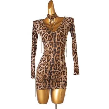 2024 Латино танц рокля за жени дълъг ръкав Rhinestone ресни леопардова рокля Chacha Rumba възрастни латински изпълнение износване DQL6475