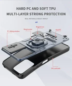 За Poco C65 F5 X 5 X6 M6 удароустойчив калъф слайд камера защита Etui за Xiaomi Poco F5 Pro случай X5 X6 Pro C65 пръстен заден капак