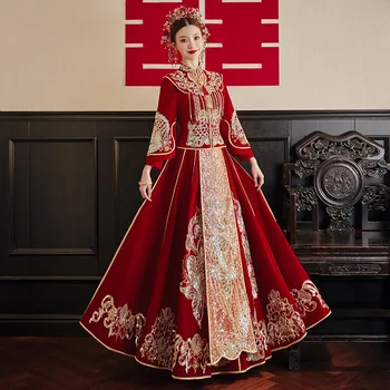 Плюс размер Xiuhe облекло 2023 лято китайски ханфу сватбена рокля булчински тост облекло жени блясък булчински рокля халати