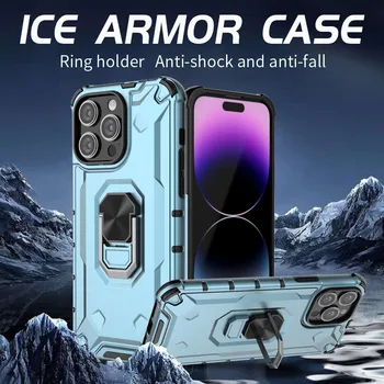 Луксозна тежка ледена броня Невидим магнитен пръстен Калъф за телефон за iPhone 15 14 13 Pro Max 14 15 Plus PC обектив Anti Drop Cover