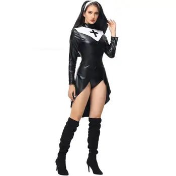 Жени косплей костюм Хелоуин парти секст униформи сестра wetlook монахиня костюм Хелоуин косплей фантазия черна рокля