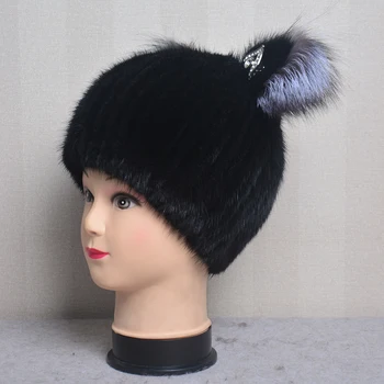 Нова мода Добро качество Женска зимна дамска вертикална тъкачна шапка Истинска естествена лисица Норка Кожена шапка Прекрасна котка уши стил шапки
