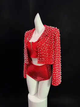 Sparkly Rivets Sequins Jacket Bra Short Set Birthday Prom Outfit Women Singer Dancer Costume Bar Outfit Set