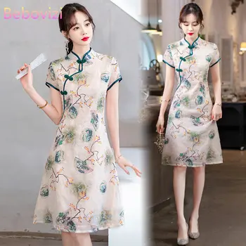 Мода модерен китайски Cheongsam A-линия рокля жени къс ръкав Qipao традиционни китайски дрехи