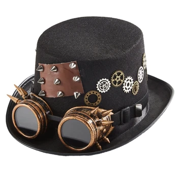 Q0KE Викторианска стиймпънк шапка с очила & Gear Chain Нит Топ шапка за танцов бал
