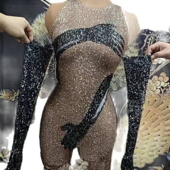 Дамски пайети Гащеризони Sparkly с ръкавици Дизайн на един крак Черни ръкавици Нощен бар Showgirl Gogo костюми