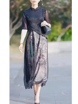 2023 лято нова подобрена рокля cheongsam китайски стил къси ръкави пискюл рокля шевове дизайн qipao дамски дрехи