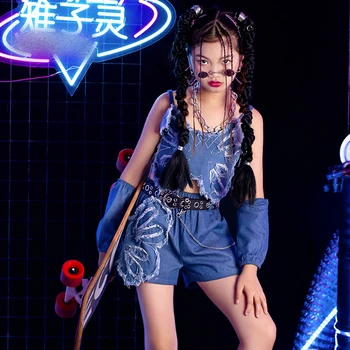 Нов джаз танц изпълнение костюми Деним Kpop екипировки за момичета бална зала хип-хоп танц дрехи T-Stage шоу Streetwear DQL8291