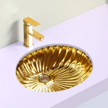 Златна мивка маса брояч позлатени керамични горната мивка луксозен кръг златно изкуство басейн измиване ръка модерен, под брояч мивки