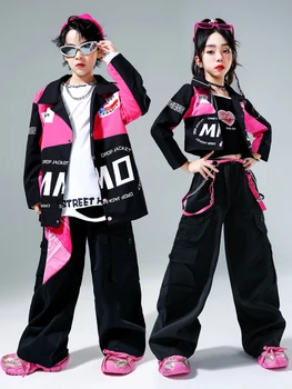 2023 Нови джаз модерни танцови костюми за деца Розово яке Карго панталони Костюм Момичета Улично облекло Момчета Хип-хоп танцови дрехи DQS14564