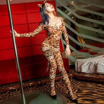 Възрастен Сексуална фантазия Косплей Изкушение Боди Секси отворен чатала Леопард Гащеризон Без гръб Виждам През Порно Парти Дама Боди