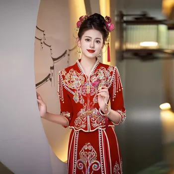 Реколта Elegent модерен азиатски 6XL 7XL велур бродерия облекло традиционен китайски стил булката сватбена рокля тост Cheongsam