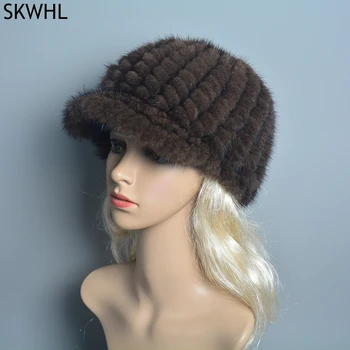 New Russia Lady Winter Hand Knitted Real Mink Fur Hat Natural Warm Mink Fur Visors Cap Дамска мода 100% истински шапки от норка