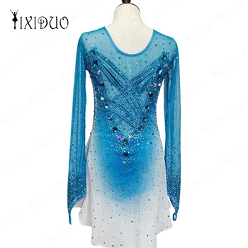 син дамски кристал фигура кънки лед рокля гимнастика трико рокля дълъг ръкав окото снаждане конкуренция танцов костюм