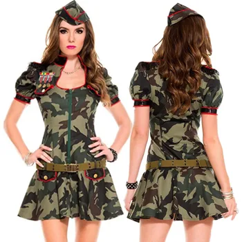 Армейски офицер Камуфлажна униформа костюми Секси жени военен офицер костюм Хелоуин косплей фантазия рокля