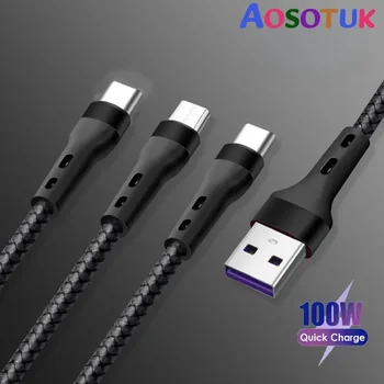 3 In1 кабел за бързо зареждане USB тип C Micro Portable 6A 100W многократен USB кабел за зареждане за IPhone14 13 Pro Samsung Xiaomi Huawei