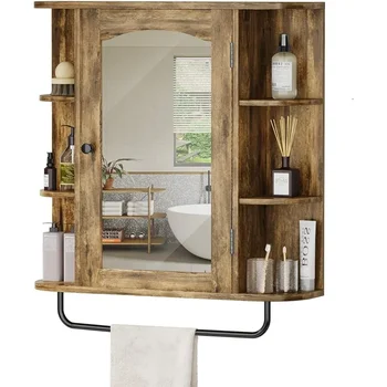 Стенен шкаф за баня с огледална врата и подвижен рафт за баня Всекидневна Пералня Спалня Браун Товари Безплатно